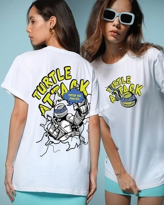 Women White Turtle Attack Printed T-shirt