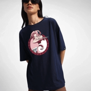 Women Blue Sakura Graphic Printed Oversized T-shirt