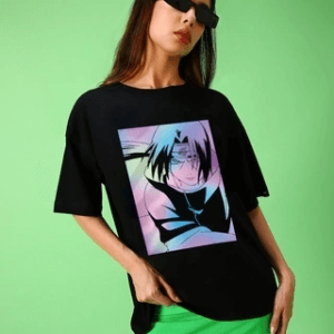 Women Black Itachi Uchiha Printed Oversized T-shirt