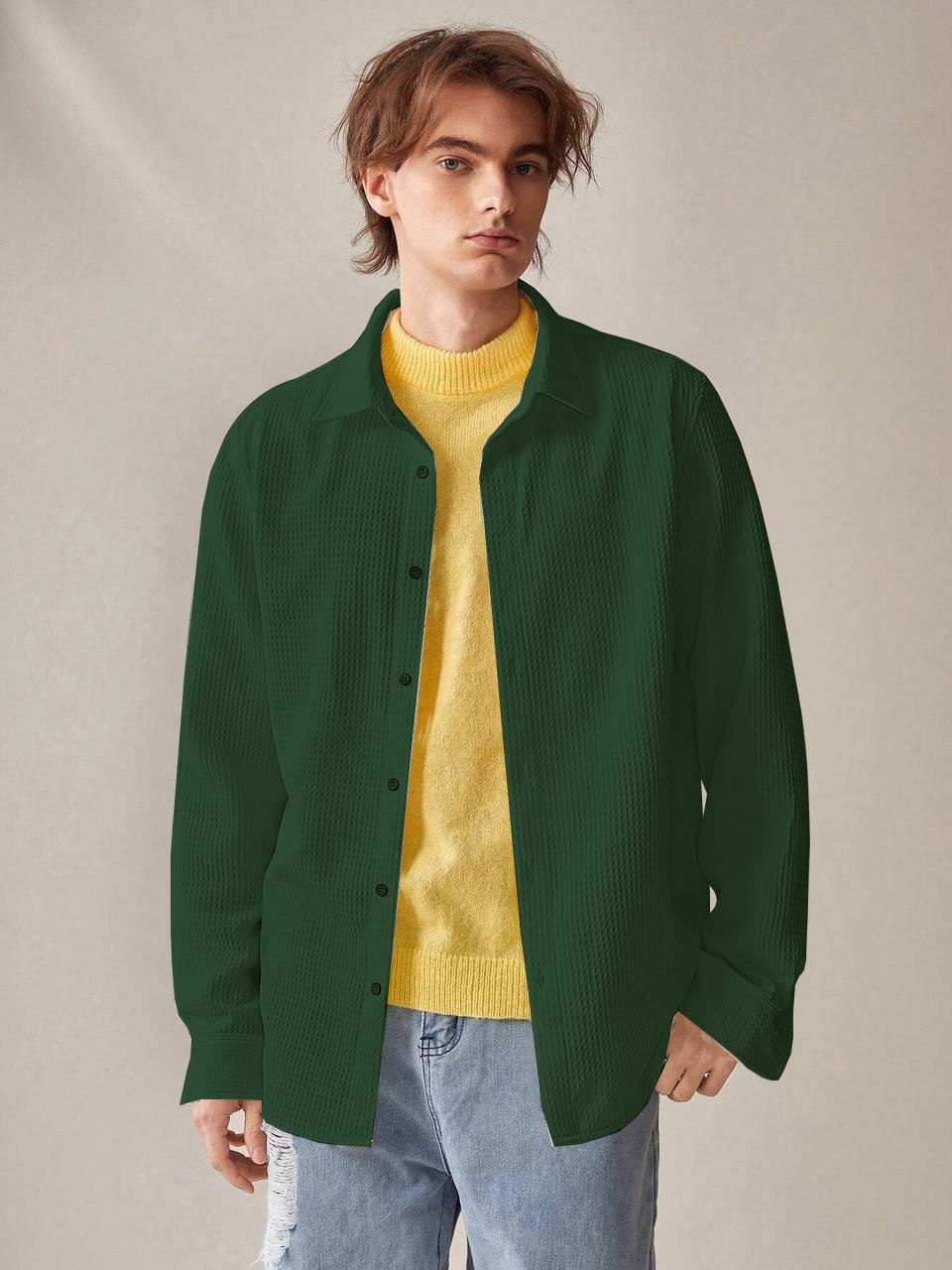 Dark Green Fancy Waffle Shirt For Men