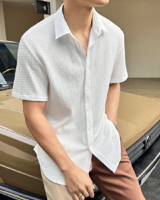 White Fancy Popcorn Fabric Casual Shirt For Men