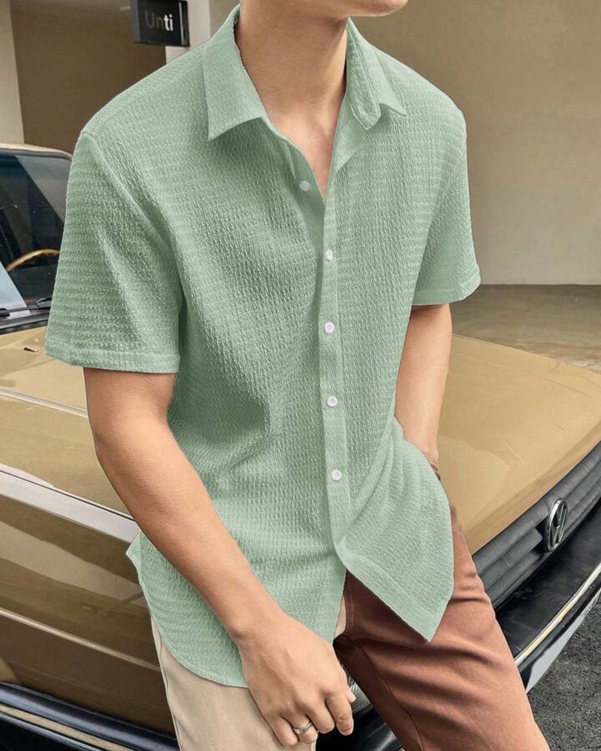 Light Green Fancy Popcorn Fabric Casual Shirt For Men