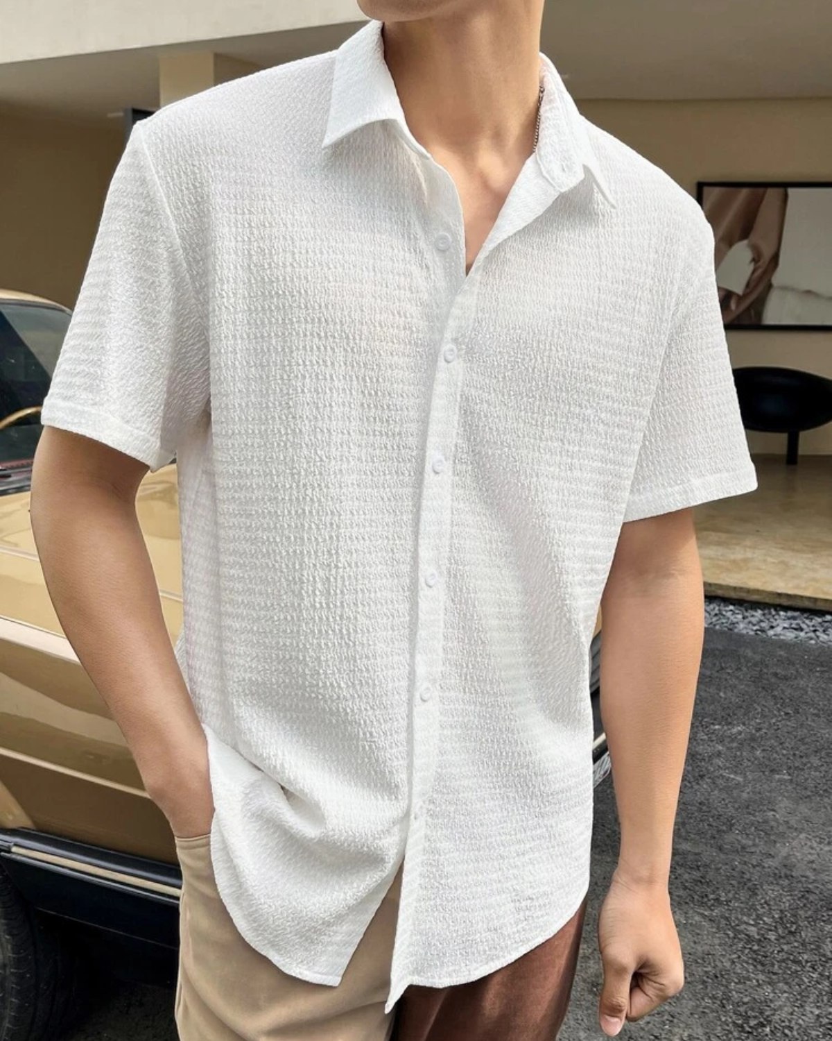 White Fancy Popcorn Fabric Casual Shirt For Men