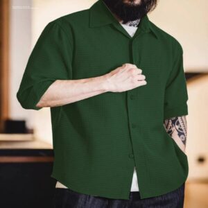 Green Fancy Waffle Shirt For Men