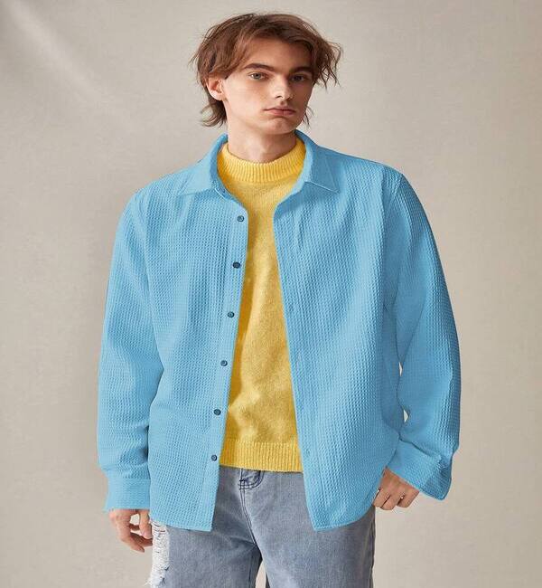 Sky Blue Fancy Waffle Shirt For Men